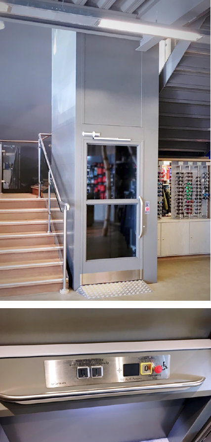 Enclosed Platform Lift in a retail environment in grey