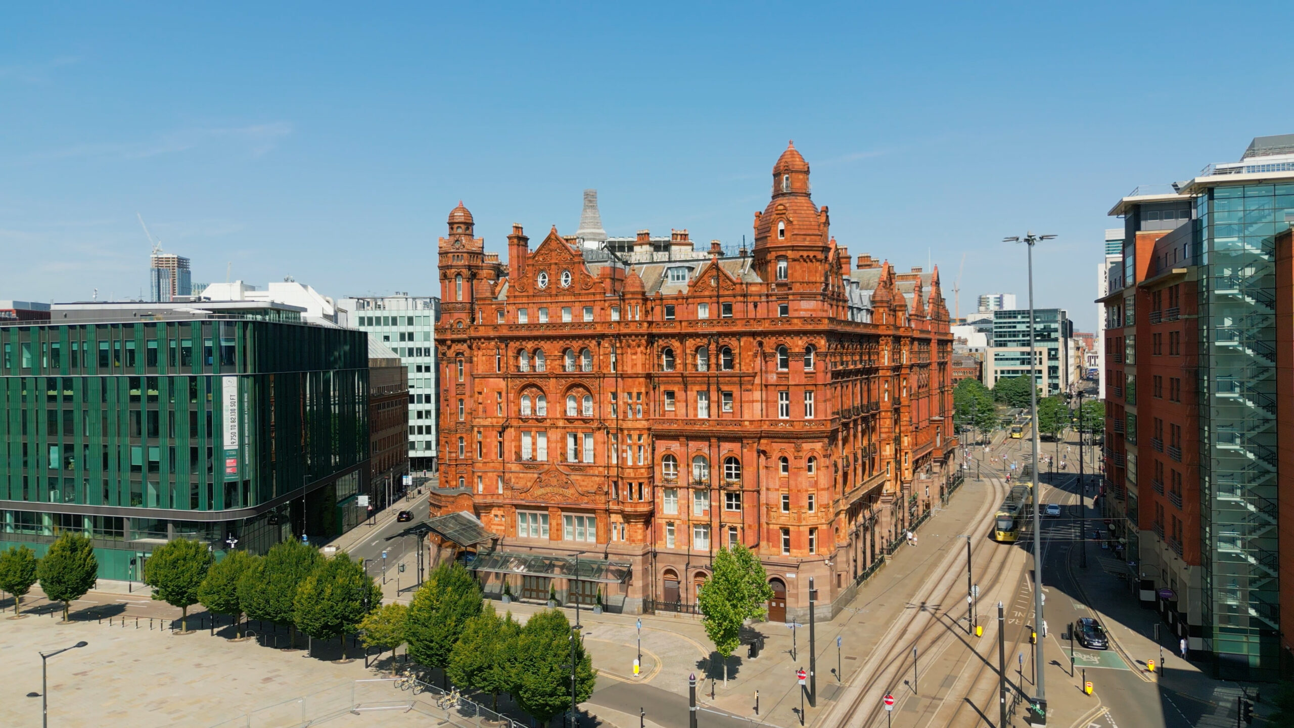 Beautiful old building of Midland Hotel in Manchester - drone photography
