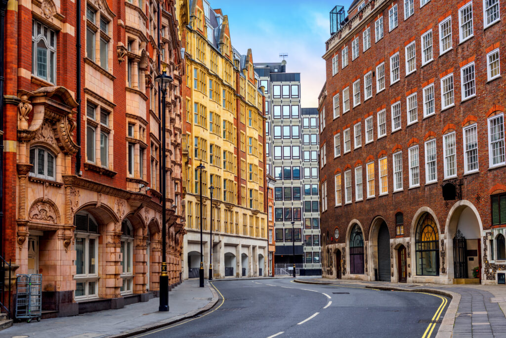 Historical buildings on Great Smith street in London city center, England, United Kingdom